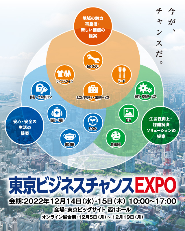 東京ビジネスチャンスEXPO 会期：2022年12月14日（水）・15日（木） 10:00～17:00 会場：東京ビッグサイト 西1ホール オンライン会期：12月5日（月）～ 12月19日（月） 主催：東京商工会議所 共催：株式会社東京ビッグサイト